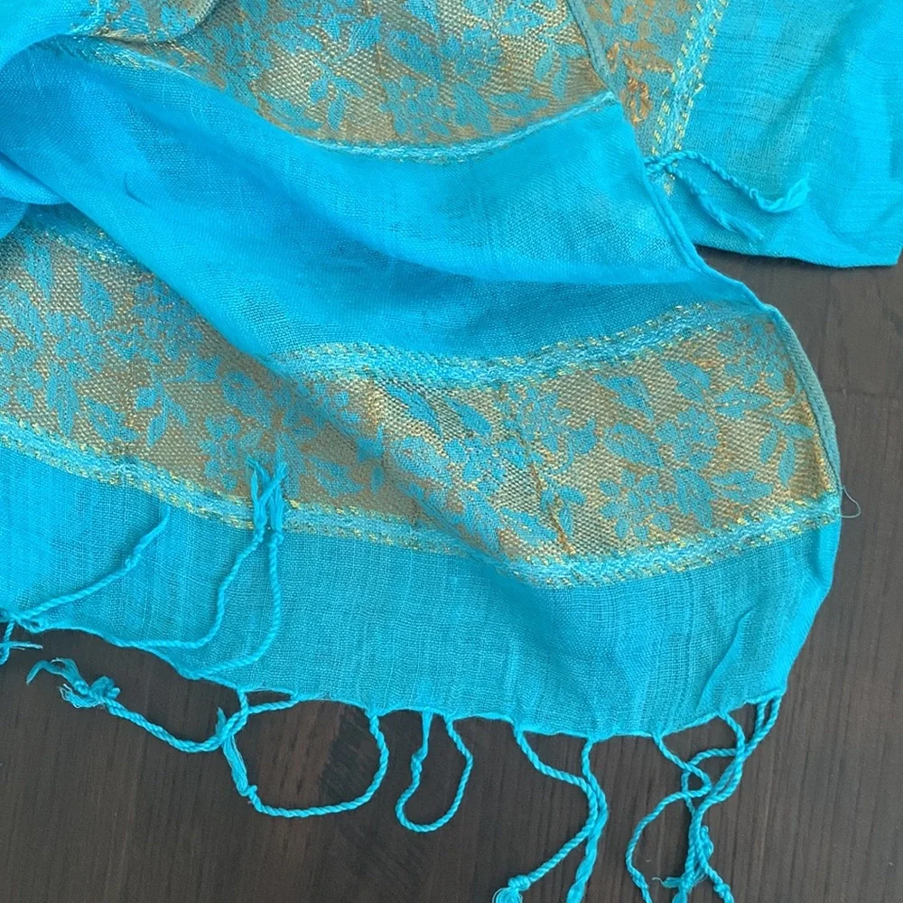 PASHMINA SILK SCARF BLUE GOLD THREAD EMBROIDERED WRAP NEW